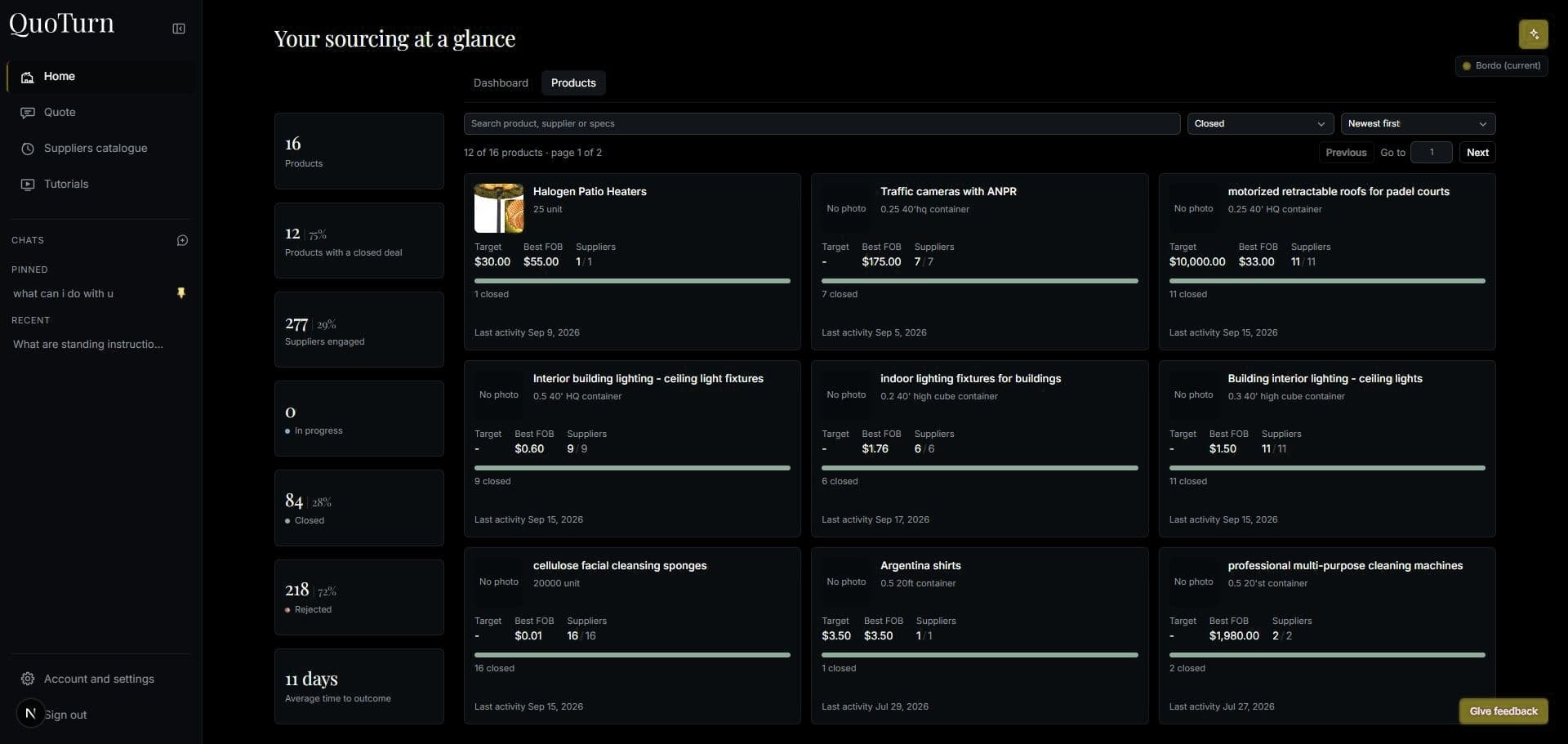 QuoTurn Home with products, best FOB prices, suppliers, and deal status