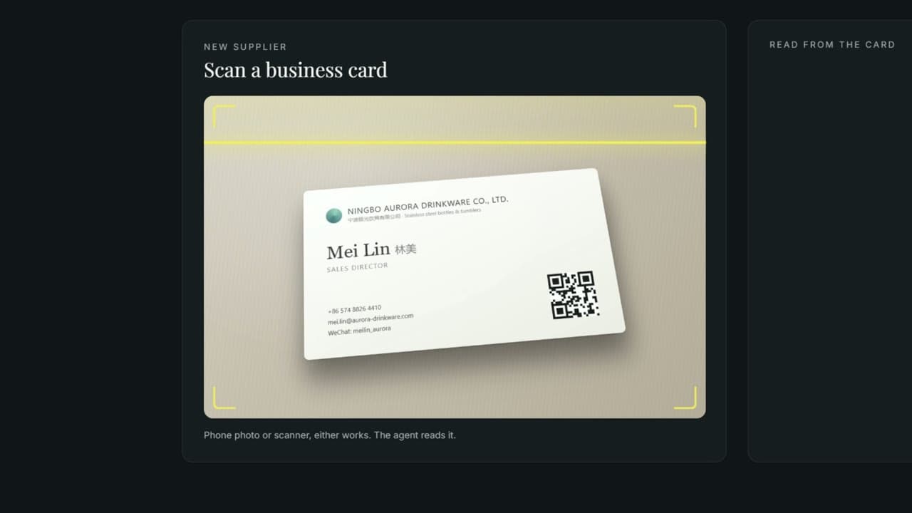 A photographed business card becoming a supplier contact in the catalogue